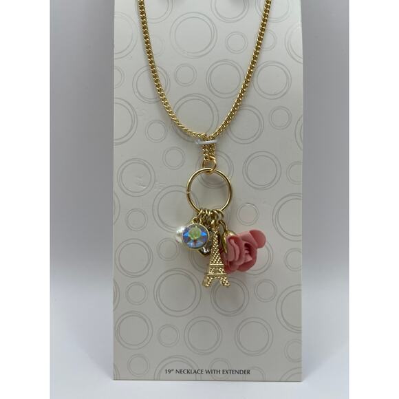 Wonder Nation Eiffel Tower & Pink Flower Pendant w/ Heart Drop Earrings Set NEW - Picture 8 of 12